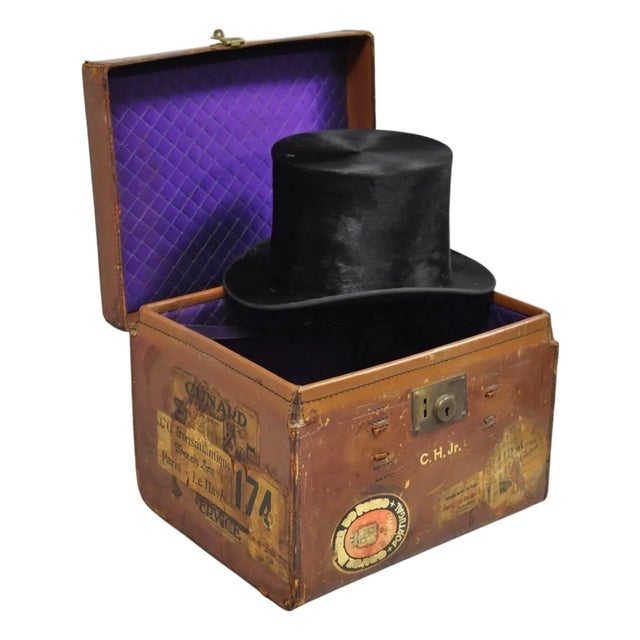Late 19th Century English Art Deco Brown Leather Travel Case Suitcase W/ Cunard Stickers & Top Hat For Sale