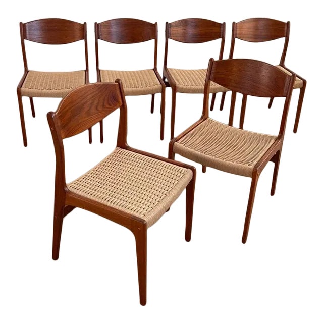 1960s Scandinavian Modern Teak and Rope Weave Dining Chairs - Set of 6 For Sale