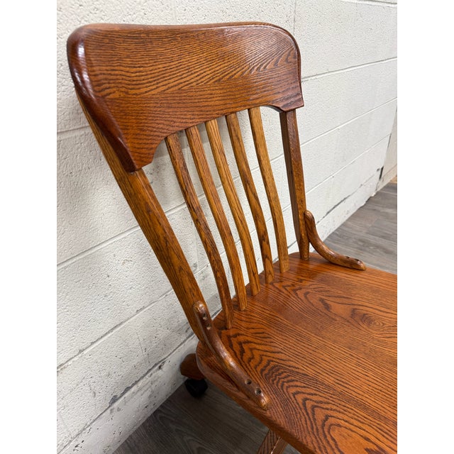 Wood Vintage Tiger Oak Adjustable Swivel Desk Banker Lawyer Jury Office Chair For Sale - Image 7 of 10
