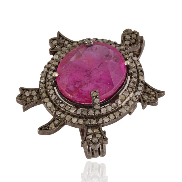 Art Deco 8 Carat Ruby & Diamond Pavé Turtle Animal Brooch Cum Pendant in 925 Sterling Silver For Sale - Image 3 of 15