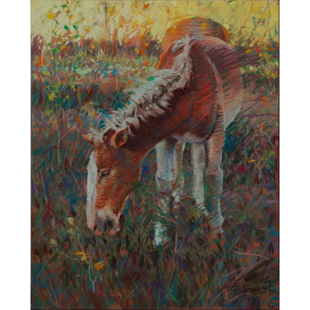 Horseface by Jeff Slemons | Soft Pastel on Sanded Paper of a horse grazing in a field. For Sale
