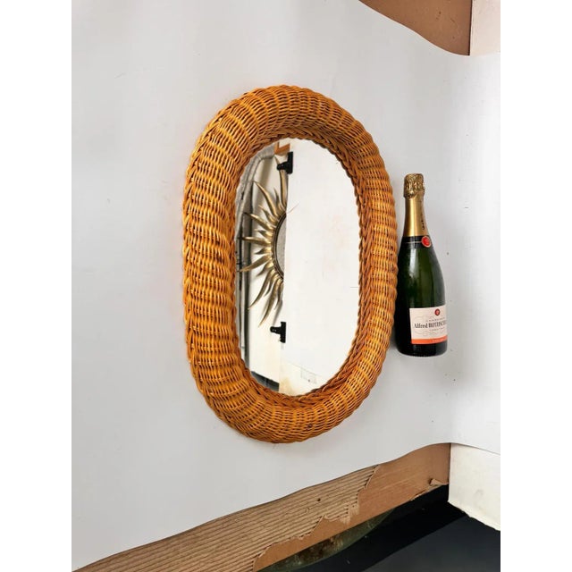Mid-Century Modern Mid-Century French Riviera Rattan and Bamboo Oval Wall Mirror, Italy, 1960s For Sale - Image 3 of 9
