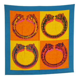 CARTIER Paris Silk Scarf Blue and Yellow Panther Bracelets in Box