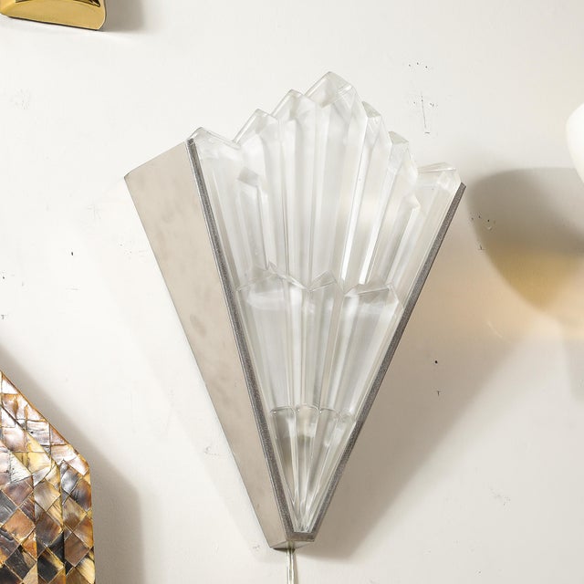 Pair of Art Deco Skyscraper Style Frosted Glass Sconces W/ Brushed Nickel Frames For Sale - Image 11 of 12