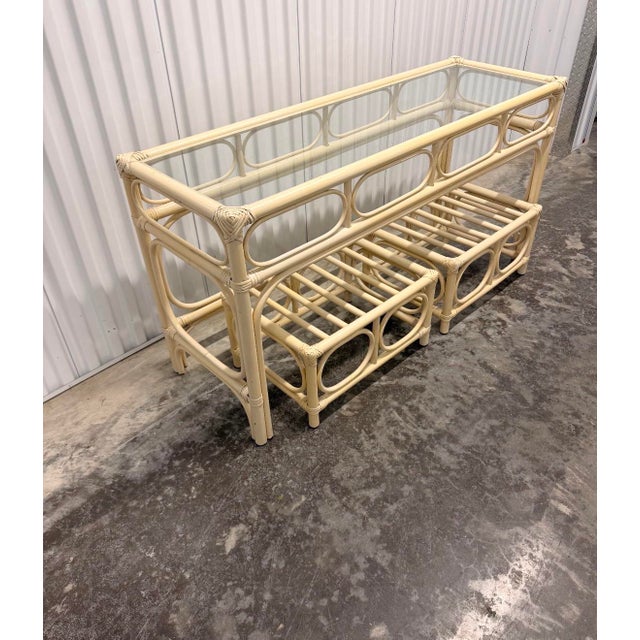 Beige 1970s Vintage Coastal Bamboo & Rattan Console Table With Matching Ottomans For Sale - Image 8 of 9