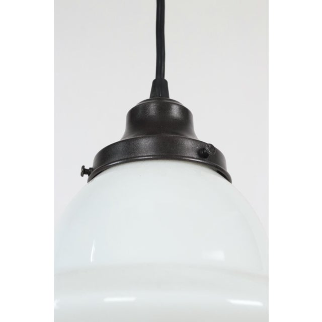 White 1920s Schoolhouse White Milk Glass Black Wire Pendant Light For Sale - Image 8 of 11