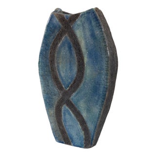 Vintage Handmade Blue Glazed Textured Vase, 1980s For Sale