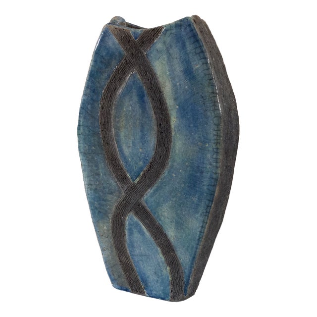 Vintage Handmade Blue Glazed Textured Vase, 1980s For Sale