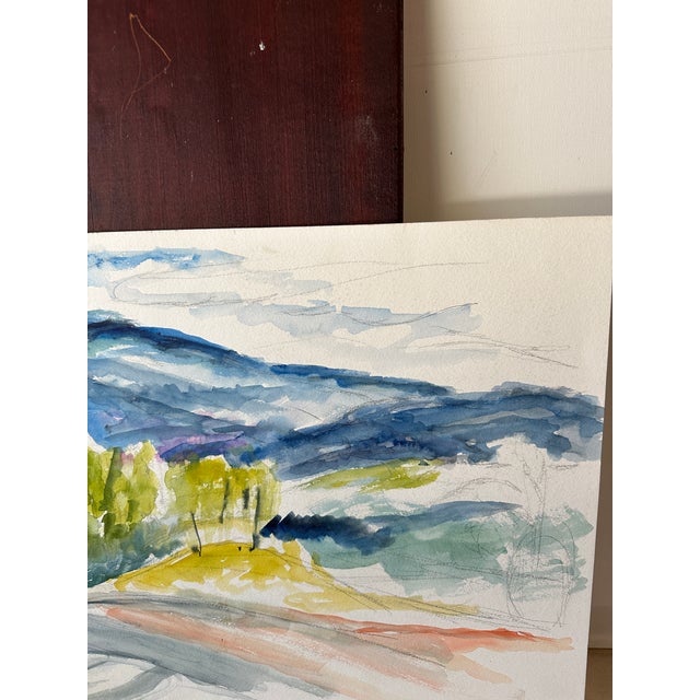 Vintage Landscape Watercolor Painting of Trees and Mountains For Sale - Image 4 of 10