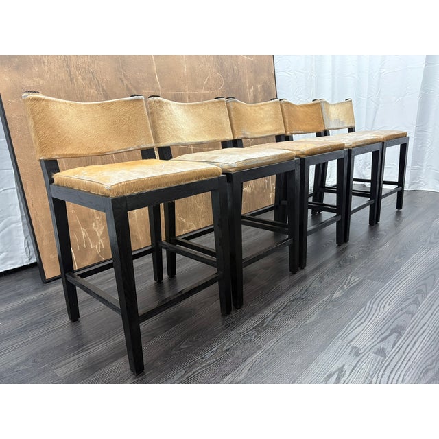 Rh Saddle Hair-on-Hide Counter Stools – Set of 5 Designed by Barlas Baylar | Camel Hair-on-Hide | Black Oak Finish For Sale - Image 16 of 16