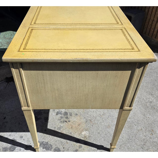 Light Yellow Sligh Furniture French Provincial Louis XVI Revival Five-Drawer Writing Desk With Tooled Leather Top, Circa 1960s For Sale - Image 8 of 18
