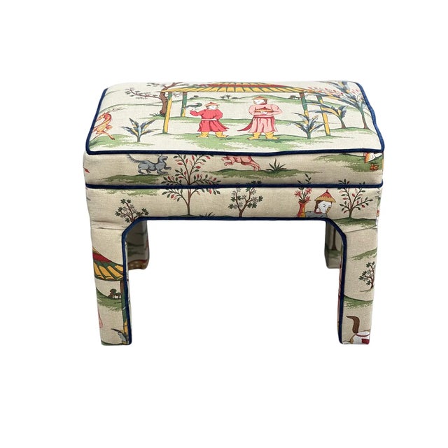 1980s Pair Upholstered Benches in Thibaut “Ting Yuan” For Sale - Image 9 of 9