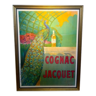 Framed Peacock Advertising Poster for Cognac Jacquet by Camille Bouchet For Sale