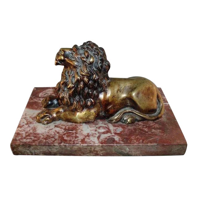 Antique 19th C. English Regency Bronze Model of the Trafalgar Lion on Rouge Marble Base For Sale