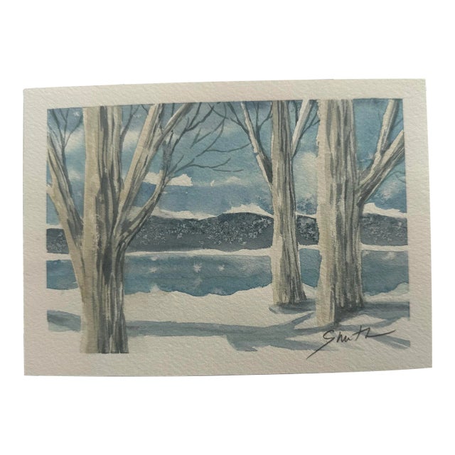 Original Watercolor Landscape Painting “Winter Scene With Trees” For Sale
