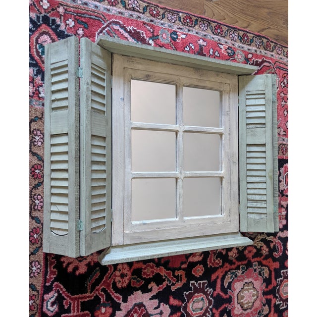 Vintage Farmhouse Style Whitewashed Wooden Window Wall Mirror With Green Shutters For Sale - Image 11 of 12