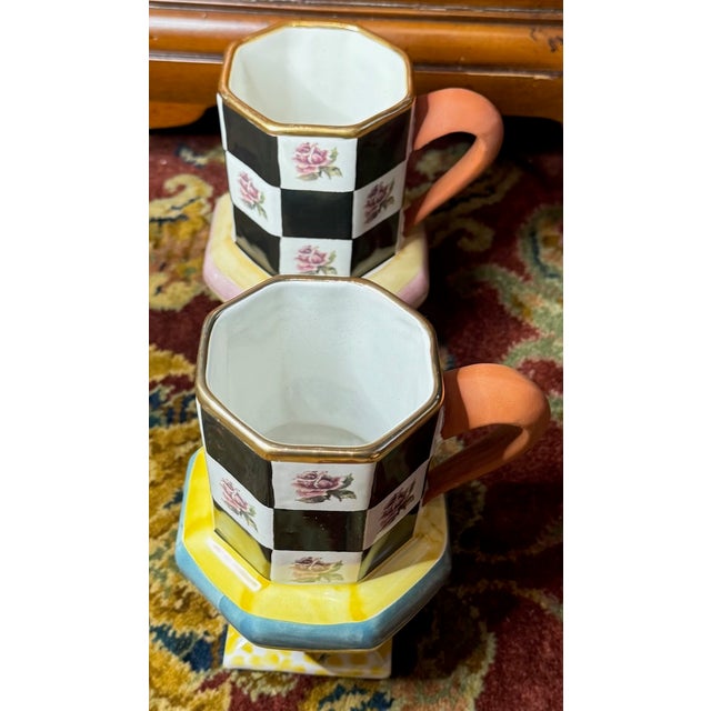 Ceramic 1990s MacKenzie-Childs Courtly Check Pedestal Mug Pair, Hand-Painted Floral, Dated 1994 & 1996 - a Pair For Sale - Image 7 of 10