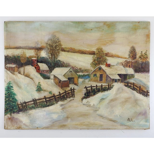 Rustic Early 20th Century Folk Art Farm in Snowy Winter Landscape Painting For Sale - Image 3 of 3