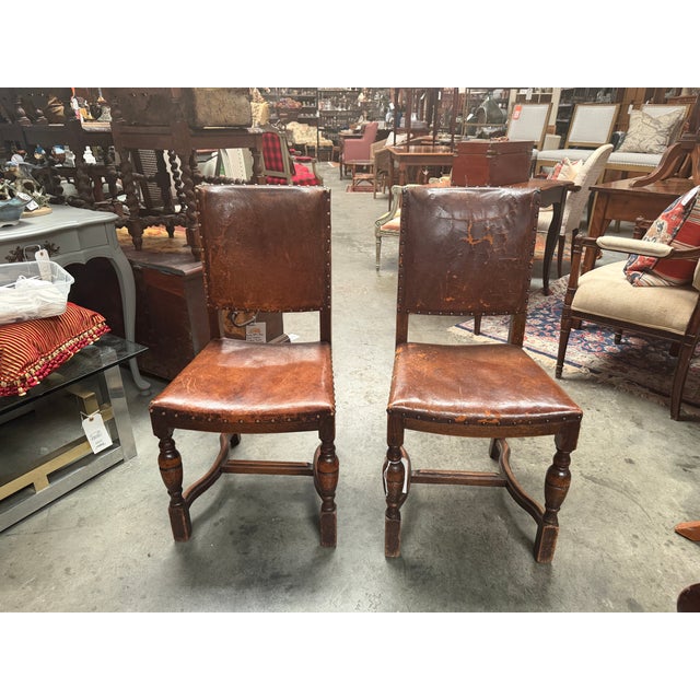 Set of 4 19th-Century English Cromwellian Leather & Oak Dining Chairs For Sale In Atlanta - Image 6 of 18