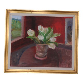 Aina Schiller, White Roses, 1950s, Oil on Canvas, Framed For Sale