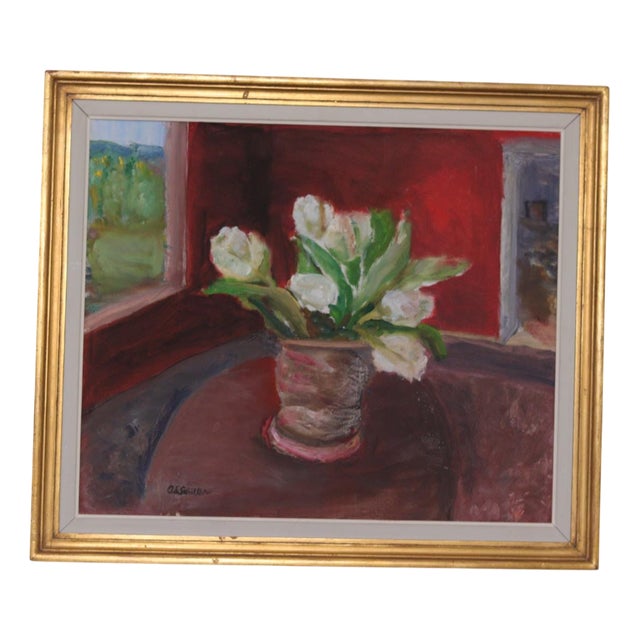 Aina Schiller, White Roses, 1950s, Oil on Canvas, Framed For Sale