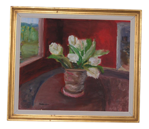 Aina Schiller, White Roses, 1950s, Oil on Canvas, Framed