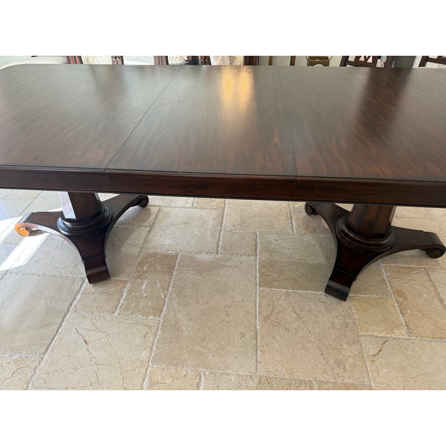 Dining Table with two pedestals and two 20-inch leaves. Traditional table in rich mahogany finish (Cello). It’s made from...