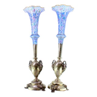Silver Vases with Appliqués of Geese and Mythical Figures Holding Flower Pots in Relief-Painted Glass, Set of 2 For Sale