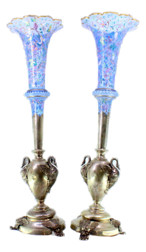 Silver Vases with Appliqués of Geese and Mythical Figures Holding Flower Pots in Relief-Painted Glass, Set of 2
