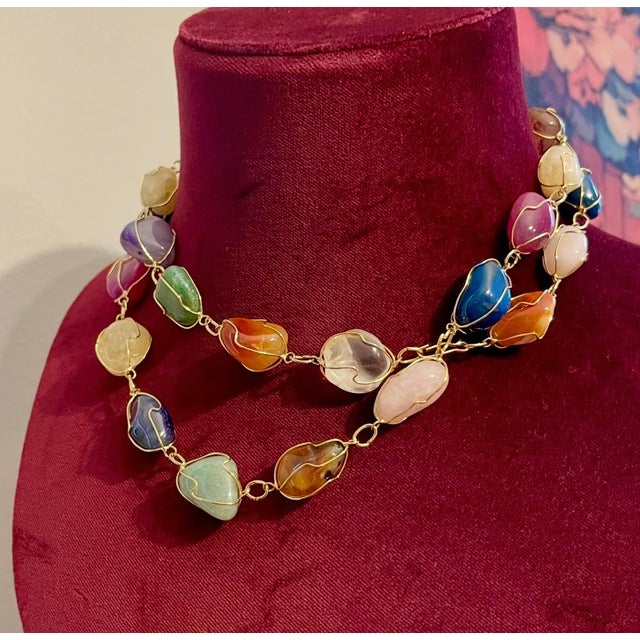 Vibrant Caged Gemstone Necklace Gold Finish Wired Links Long 35” C. 1970 For Sale - Image 10 of 10