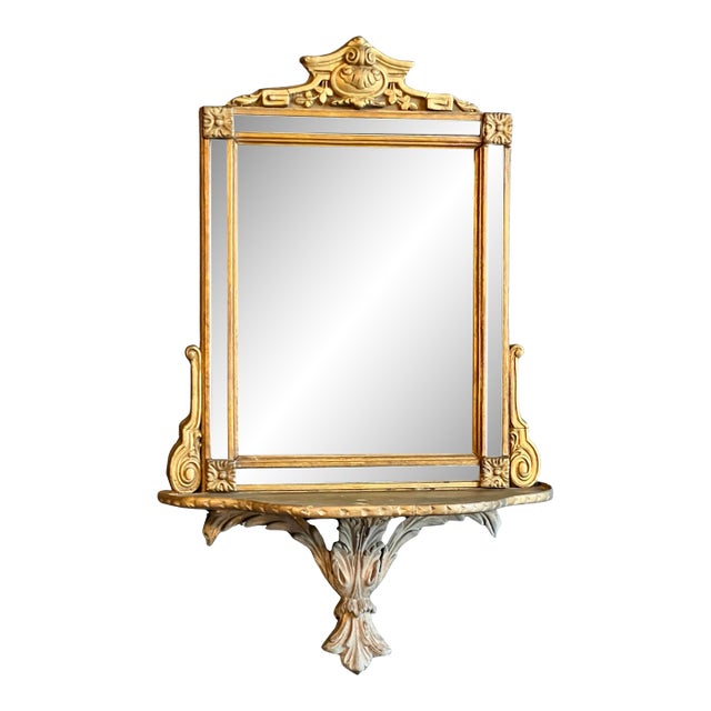 19th Century French Adam Style Carved Giltwood Beveled Mirror With Shelf For Sale