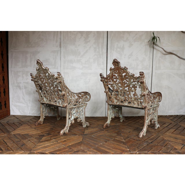 Wood Pair of 19th Century Gothic Revival Cast Iron Garden Chairs For Sale - Image 7 of 18