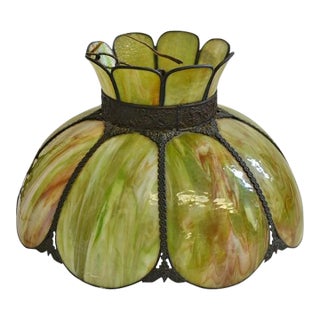 Antique Avocado Ceiling Light Shade With Slag Glass and Bronze Bands For Sale
