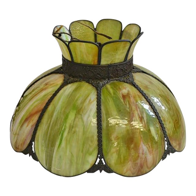 Antique Avocado Ceiling Light Shade With Slag Glass and Bronze Bands For Sale