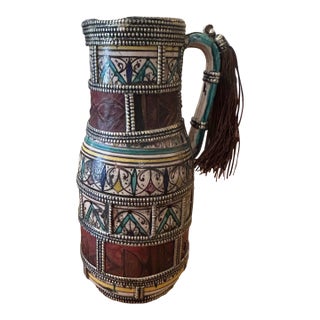 Vintage Moroccan Glazed Terra-Cotta and Metal Pitcher. For Sale