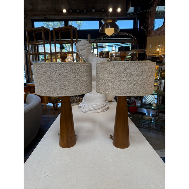 Wood 1970s Mid-Century Modern Wood Table Lamps With Textured Drum Shades - a Pair For Sale - Image 7 of 12