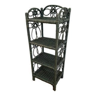Vintage Green Wicker Shelf With Four Tiers For Sale
