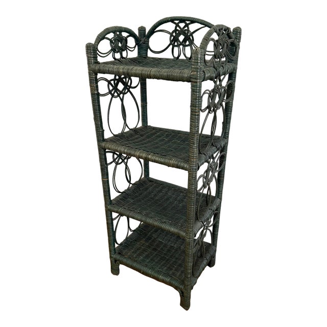 Vintage Green Wicker Shelf With Four Tiers For Sale