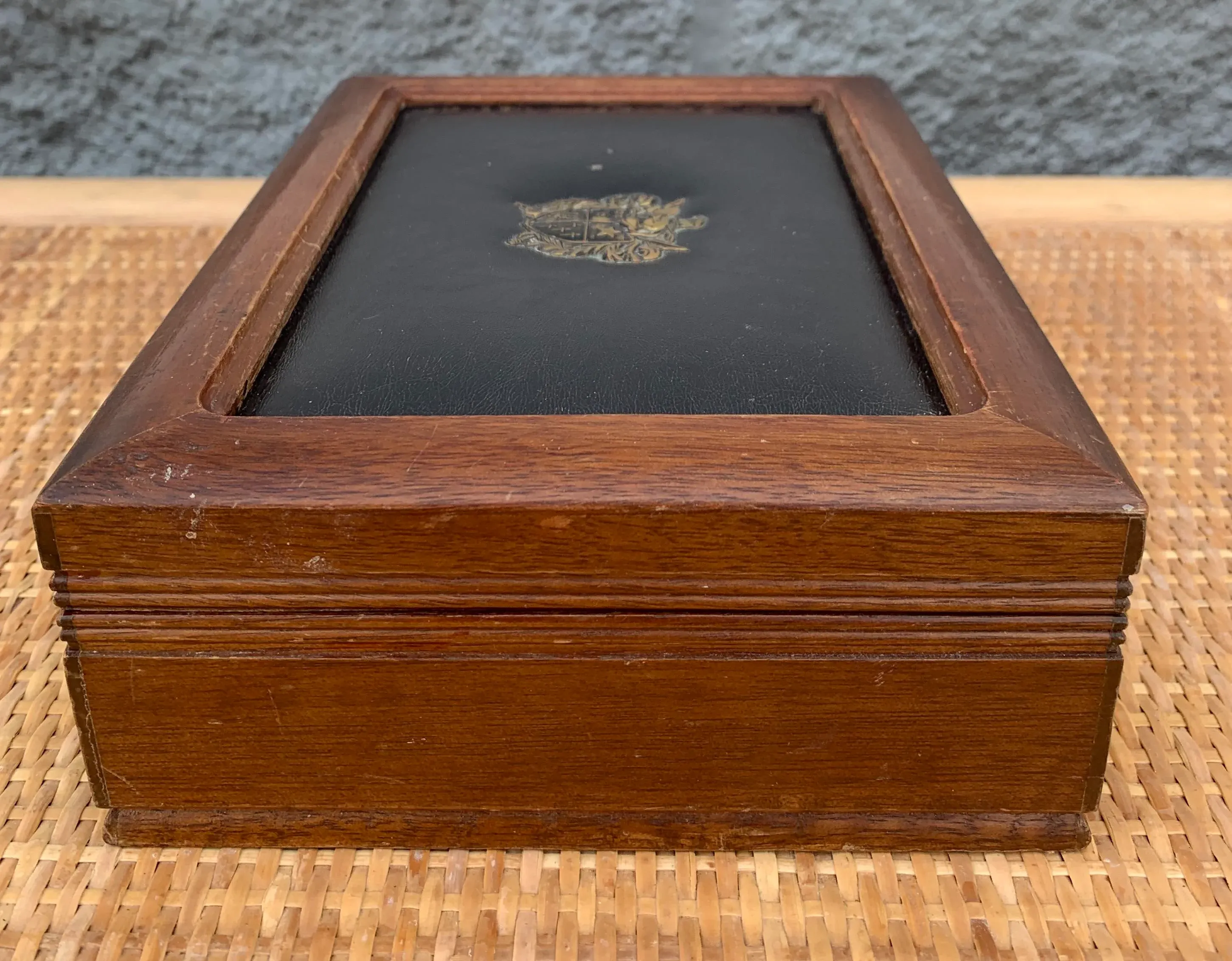 Midcentury Modern Wood and Leather Crest Jewelry Box | Chairish
