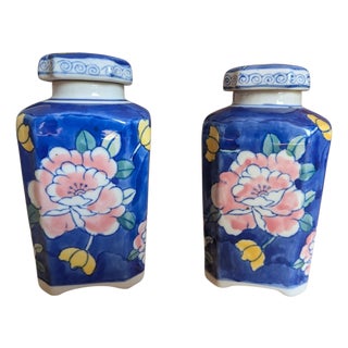 Vintage Chinoiserie Blue and Pink Floral Ceramic Jars- A Pair For Sale