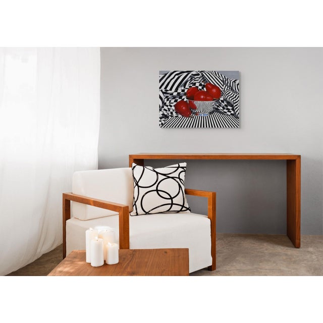Contemporary Black, White, and Red Pears by Suzy Smith | Oil Painting of red pears in a striped bowl For Sale - Image 3 of 5