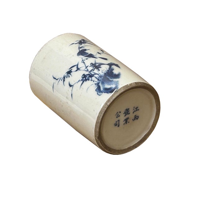 Chinese Distressed White Porcelain Blue Flower Bird Graphic Holder Vase For Sale - Image 4 of 9