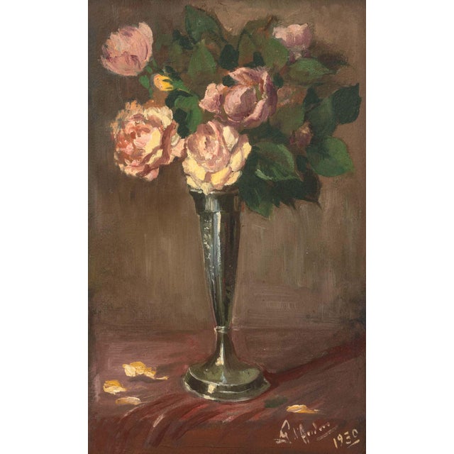 20th Century School, Still Life Scene of Pink Roses in a Silver Trumpet Vase, Oil on Panel, 1930, illegibly signed "G. L'A...