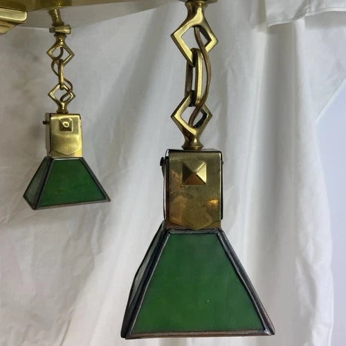 Antique Tungstolier 4 Light Brass Chandelier Mission Arts Craft Green Slag Glass For Sale - Image 9 of 11