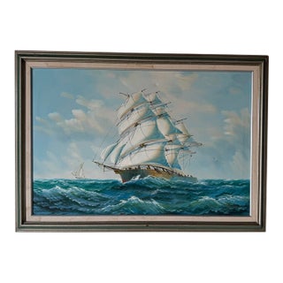 1970s Vintage Sailing Ship Seascape Oil on Canvas Painting, Framed For Sale