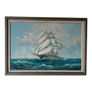 1970s Vintage Sailing Ship Seascape Oil on Canvas Painting, Framed