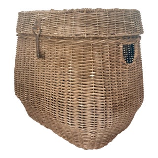 Coastal Chic Vintage Fishing Creel Basket With Inset Handles For Sale
