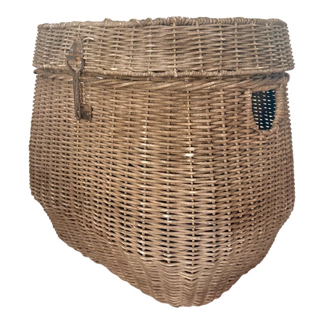 Coastal Chic Vintage Fishing Creel Basket With Inset Handles For Sale