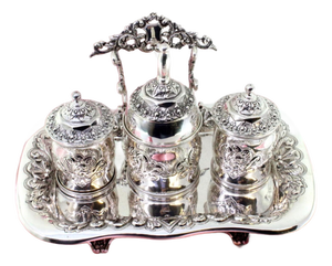 Chiselled Silver Inkwell with Two Reservoirs and Bell, Base, Pen Holders and Resting on Four Openwork Feet