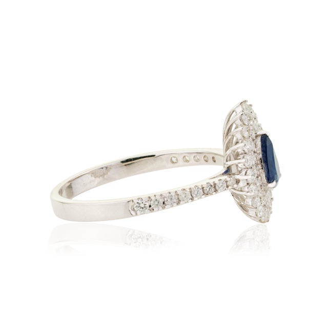 Metal Blue Sapphire & Diamond Halo Vintage Engagement Ring in 18k White Gold Size 7 For Sale - Image 7 of 16